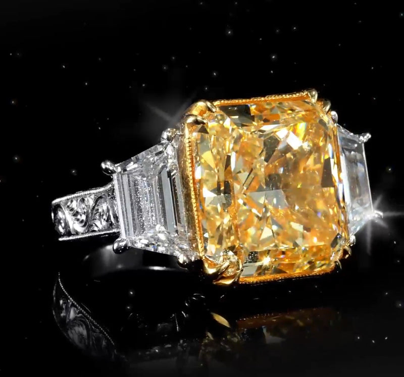 Yellow Cushion Cut Natural Diamond Engagement Ring with Tapered Baguette